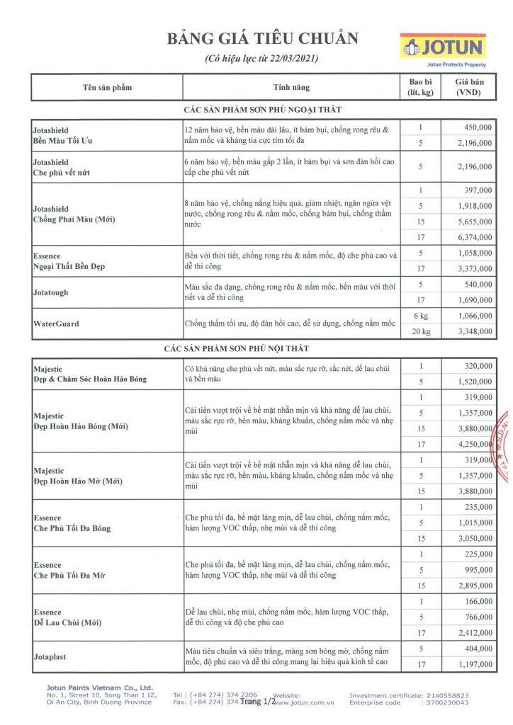 Bảng báo giá sơn Jotun mới 2021 - trang 1